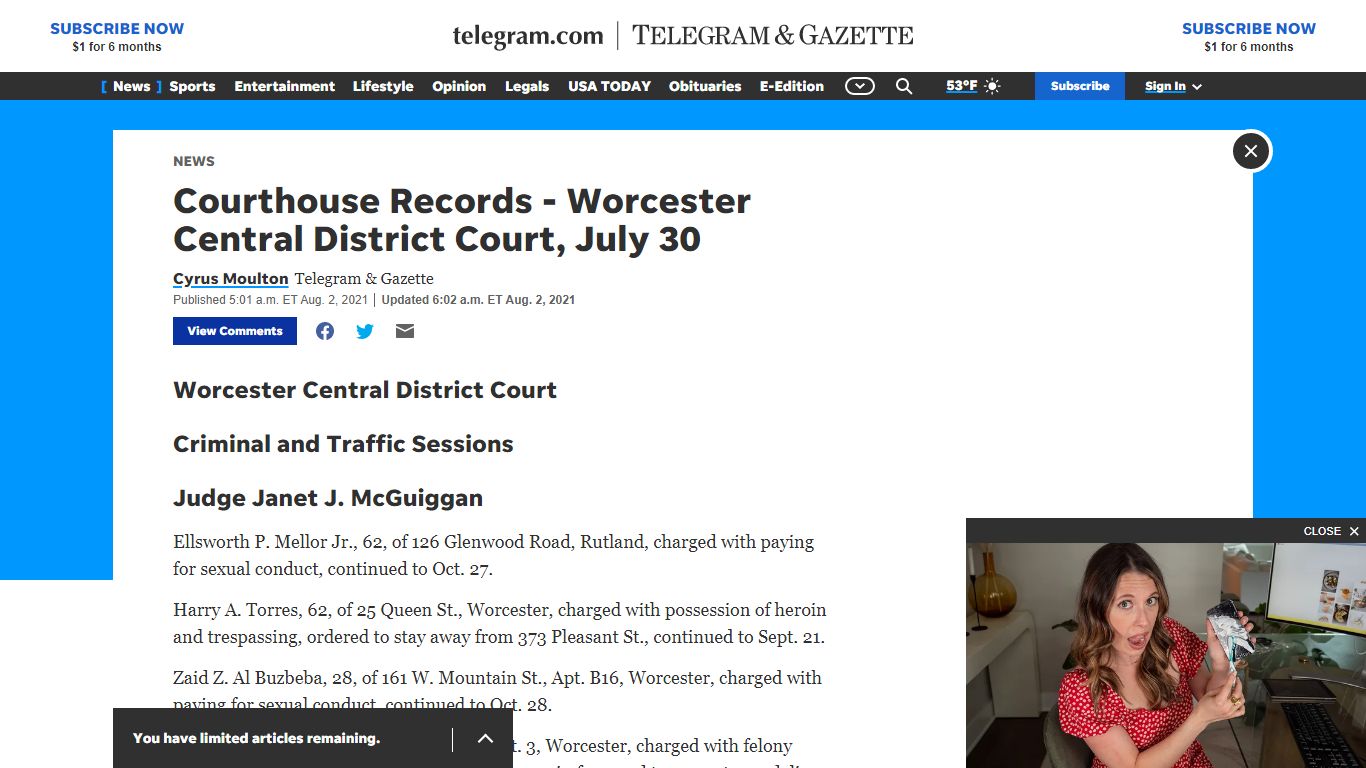 Courthouse Records - Worcester Central District Court, July 30